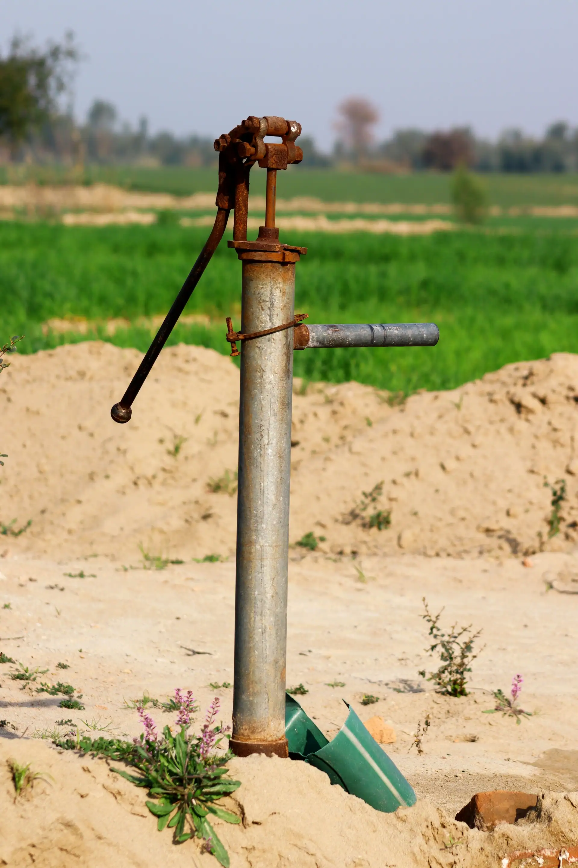 A borehole riser pipe and hand pump standing in sand beside a green field